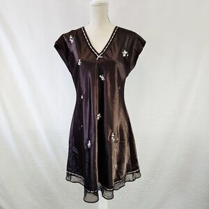 Vintage Y2K Morgan Taylor Intimates Brown and Pink Floral Satin Slip Dress Large